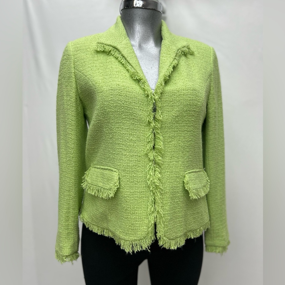 SAG HARBOR ~ Vintage Petite Lime Green  Lined Green Fringed Blazer